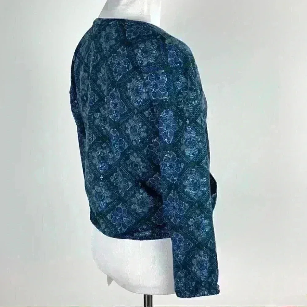 New Lularoe Girls Monroe Jacket sz 14 Blue Green Floral Flowers Zipper Pockets